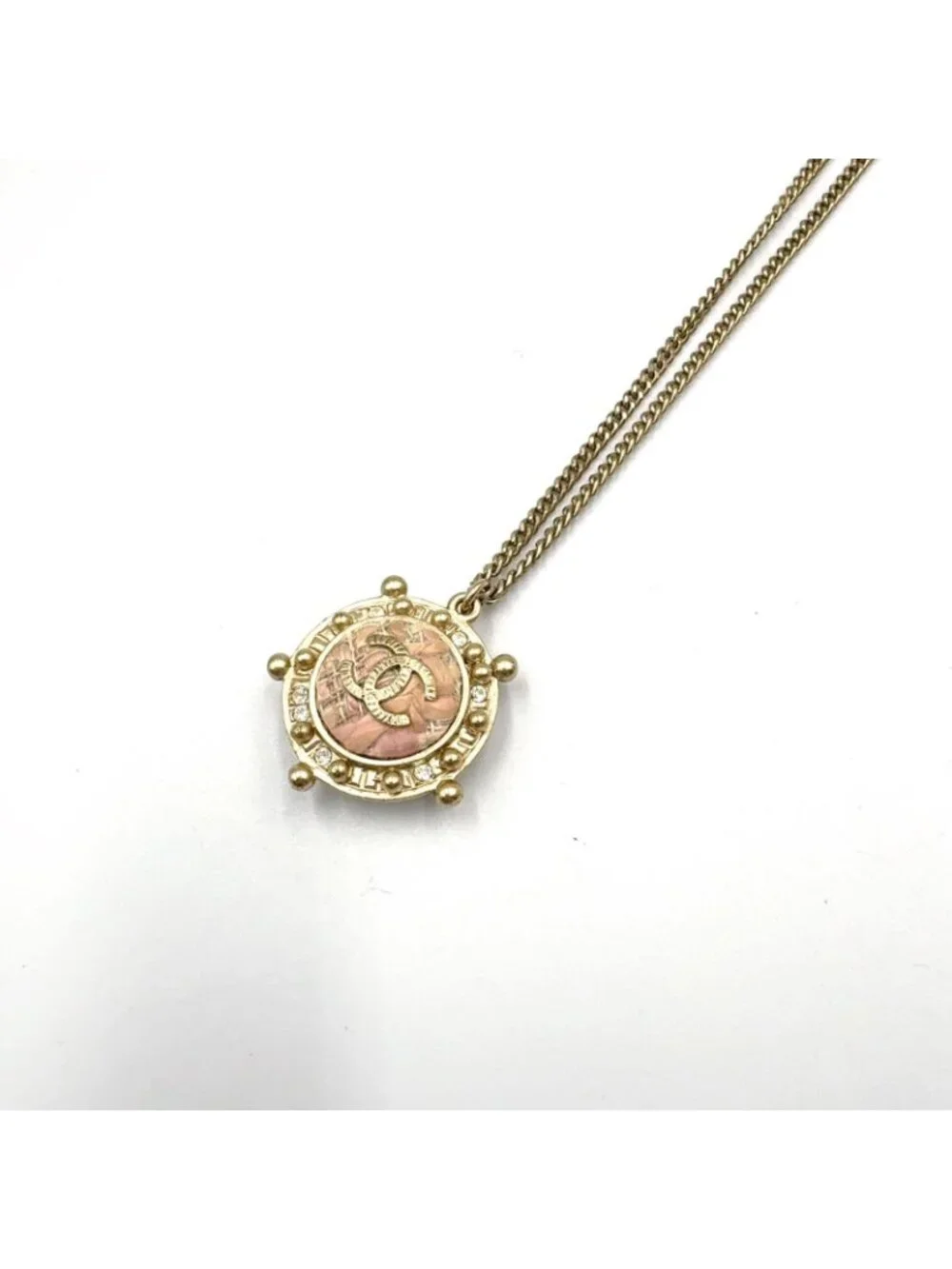 Chanel CC Logo Metiers D'art Rhinestone Clear Gold Light Pink Necklace